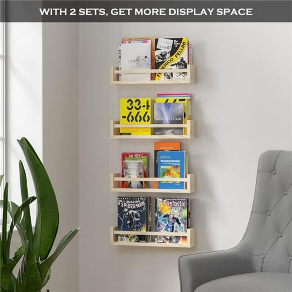 Set of 2 Natural Wood Floating Book Shelves for Kids Room (16.5Lx4W) - Picture 6 of 7